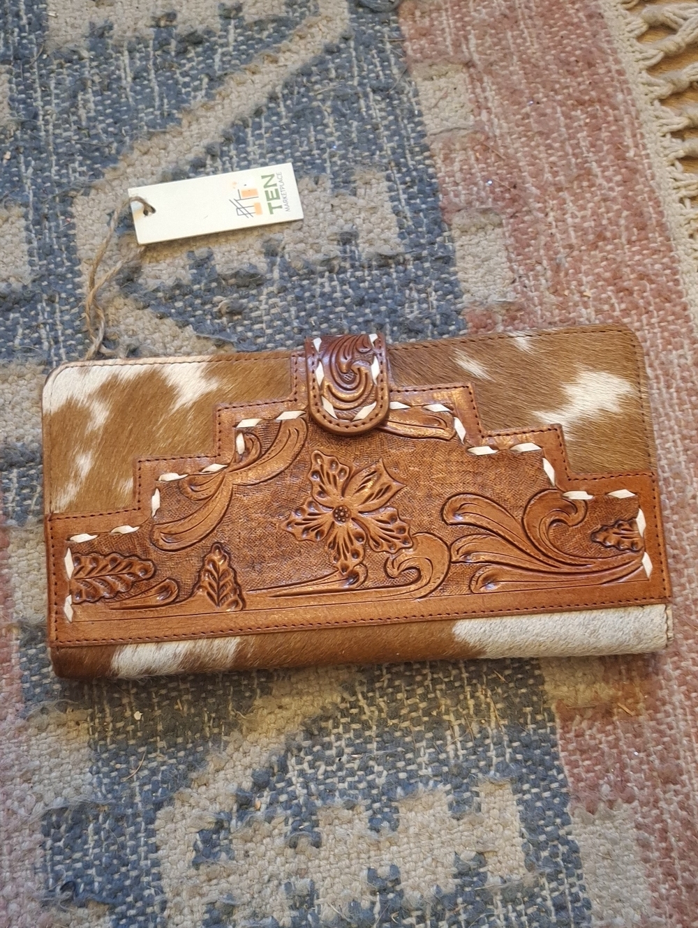Tooled Leather & Hair-On Hide Wallet in Brown